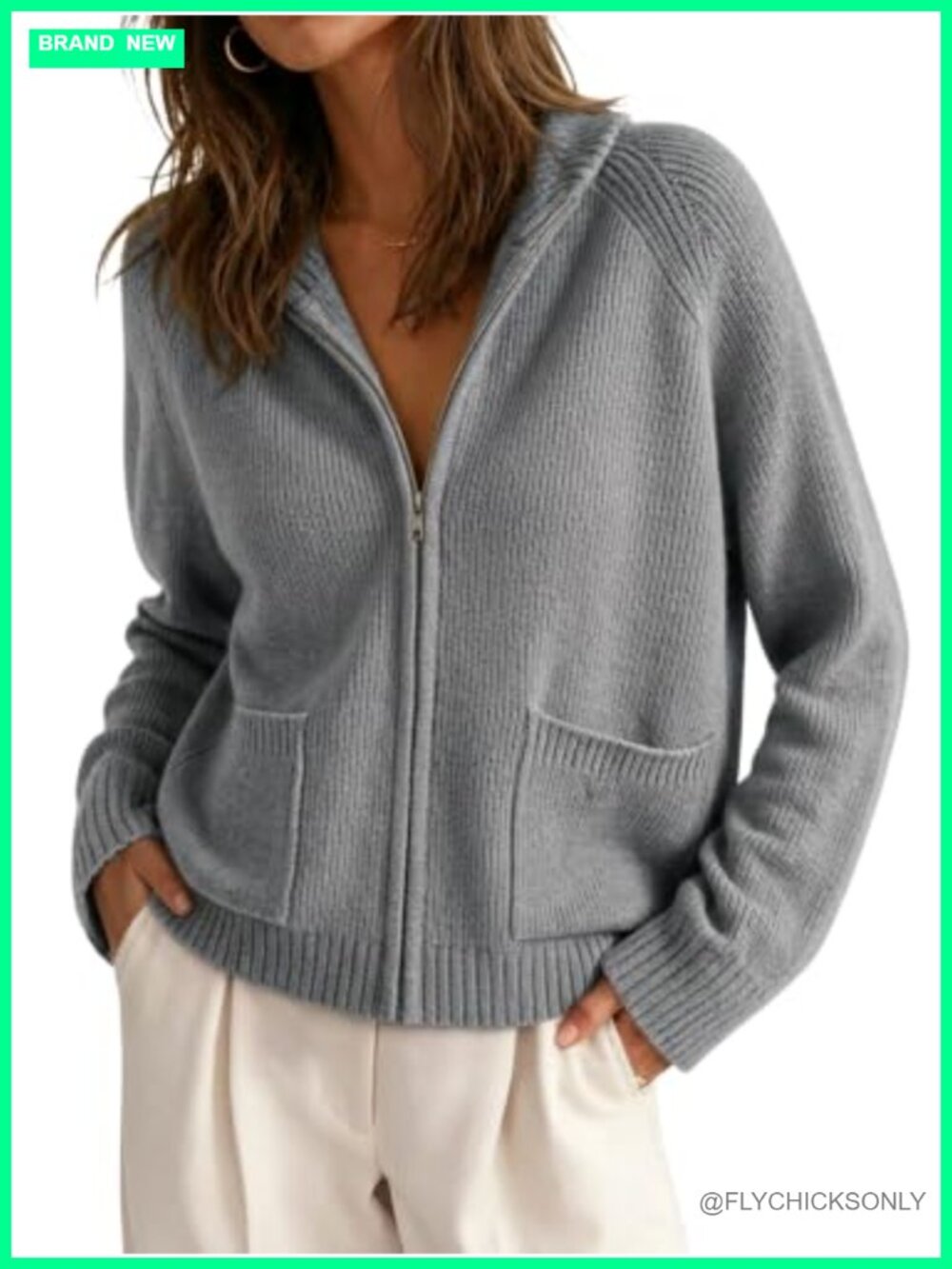 Chunky Knit Zip Up Cardigan Women Long Sleeve Sweater Coat with Pockets